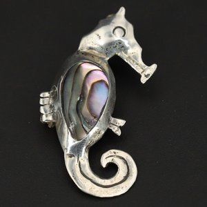 vintage  Sterling Silver 925 MEXICO Abalone Shell Marine Seahorse Brooch Pin 2.5